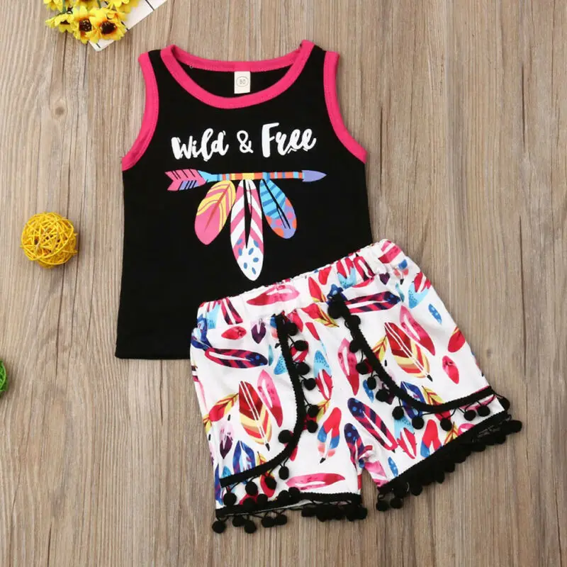 Unisex Toddler Infant Baby Girls Wild Free Letter Printed Clothes Vest Top + Shorts Summer Outfit Set | Детская одежда и обувь