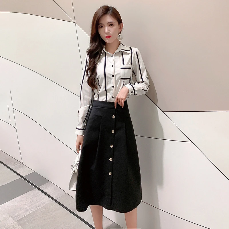 

2021 Women Skirt Autumn Winter Korean Casual High Waist Knee Length With Button Skirts Ladies A Line Black Skirts Women