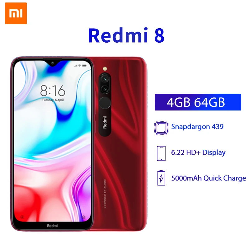 Xiaomi Redmi 8 смартфон с восьмиядерным процессором Snapdragon 439 ОЗУ 4 Гб ПЗУ 64 ГБ 12 МП 5000