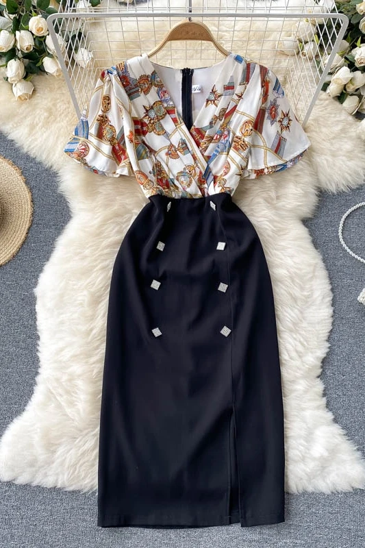 

Office Women Elegant Bodycon Dress Summer Robe Short Sleeve V-Neck Print Stitching Double Breasted Vintage Dresses 2021 Vestidos