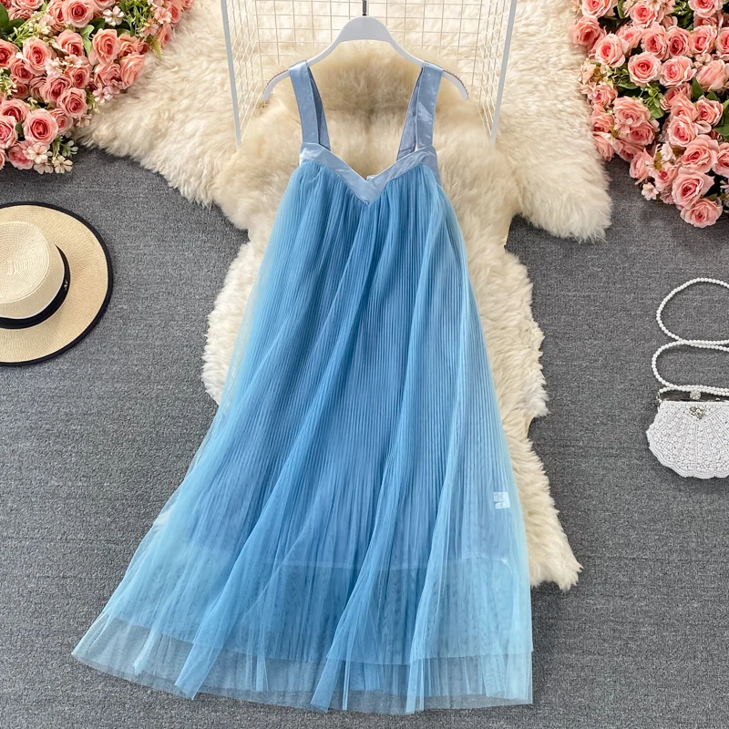Las mujeres elegantes de verano, púrpura, Vestido de playa, 2021 traje Casual suelto gradiente de Color de hilo de red vestido plisado de tirantes Mujer Vestidos