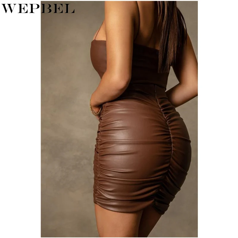 WEPBEL-Conjunto de dos piezas de cuero sintético para mujer, Top corto con tirantes y minifaldas de cintura alta, ropa Sexy para fiesta y discoteca, 2021