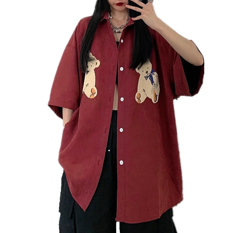 

Summer Vintage Women Bloues Street Fashion Harajuku Short Sleeve Cute Furry Bear Embroidery Shirt Oversized Casual Loose Blusas