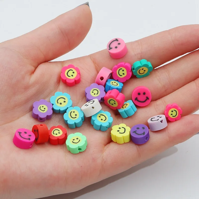 

10Pcs Colorful Clay Round or Flower Smiley Beads Funny Cute Smile Face Jewelry Making DIY Earrings Bracelet Nceklace Accessories