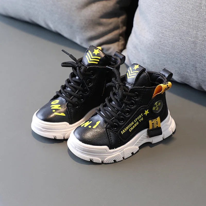 

2021White Black Boots for Baby Girls Boots Boys Shoes School Party Kids PU Leather Boots Waterproof Children Sneakers Size 21-30