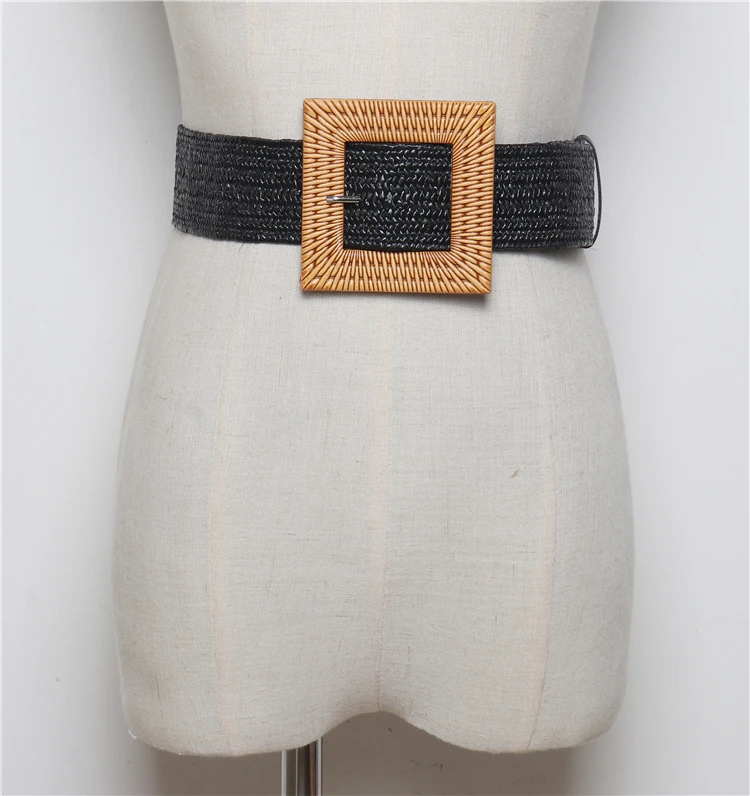 Летние эластичные плетеные соломенные поясные ремни с квадратной пряжкой