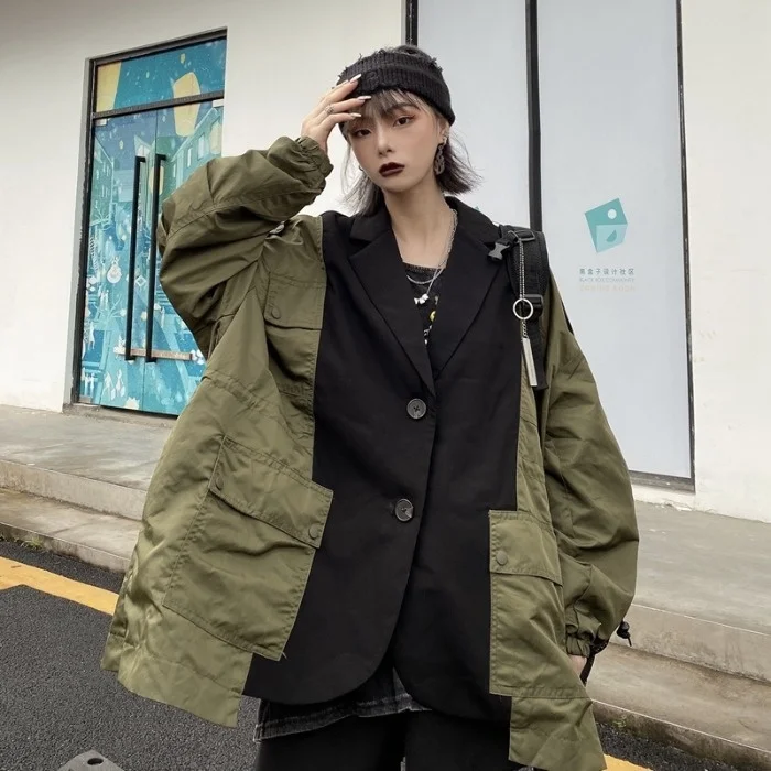 

2021 Autumn Winter Korean Fashion Panelled Loose Long Sleeve Coats Womens Clothing Casual Pocket Drawstring Suit Jackets Female