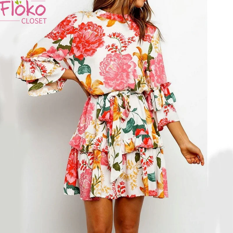 

Flokocloset Floral Print Lace Up Butterfly Sleeve Mini Dress Elegant O-Neck Ruffles A-LINE Party Birthday Dress for Women