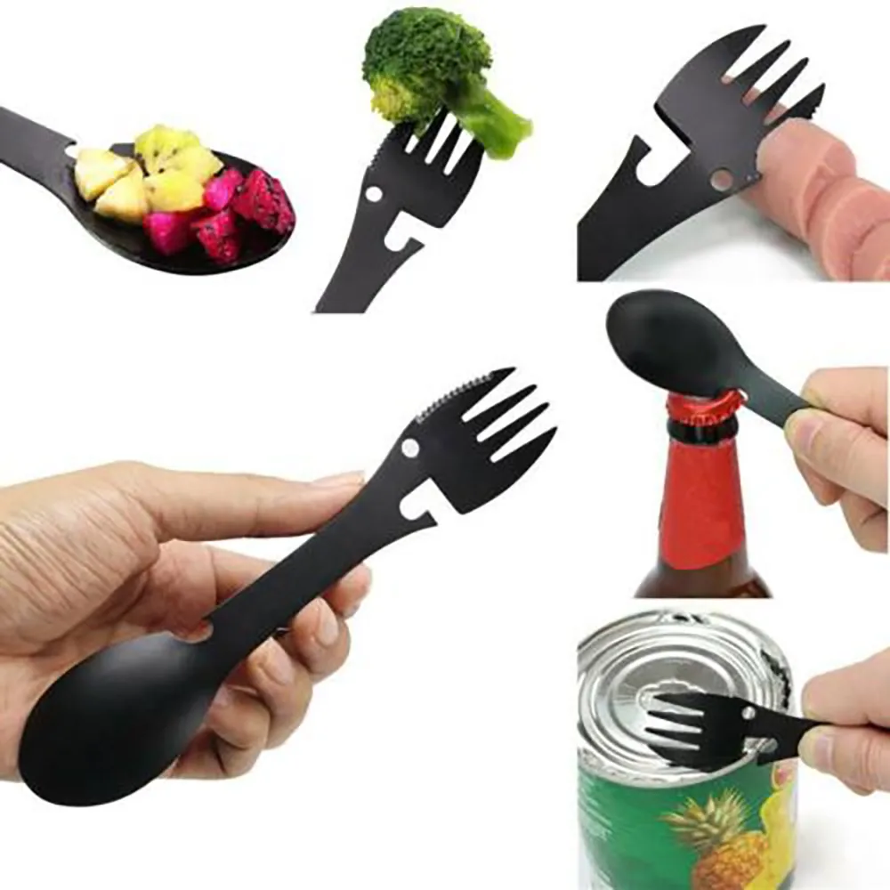 

2 In 1 Spoon Fork Multifunctional Camping Cookware Spoon Fork Bottle Opener Portable Tool Bottle Opener Camping Cookware