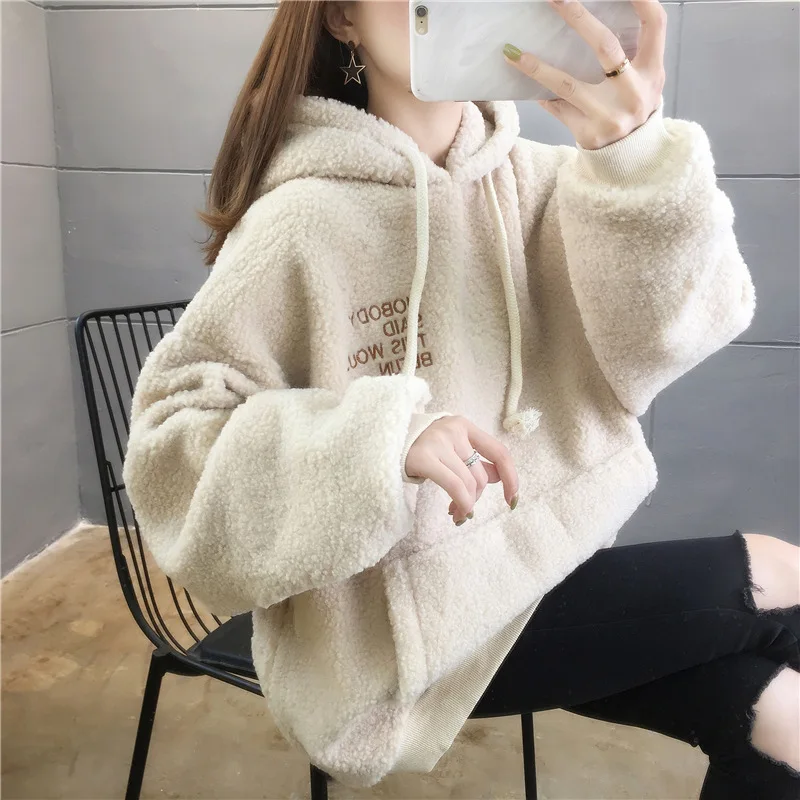 

Letter Print Oversized Hooded Sweatshirt Lady Harajuku Vintage Streetwear Women Fleece Hoodies Thick Warm Pullover Korean Jacket