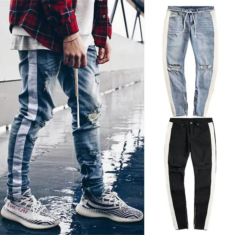 

Men casual jeans spring and autumn new high street sides patchwork washed distressed hole slim jeans Cuff zipper pencil pants