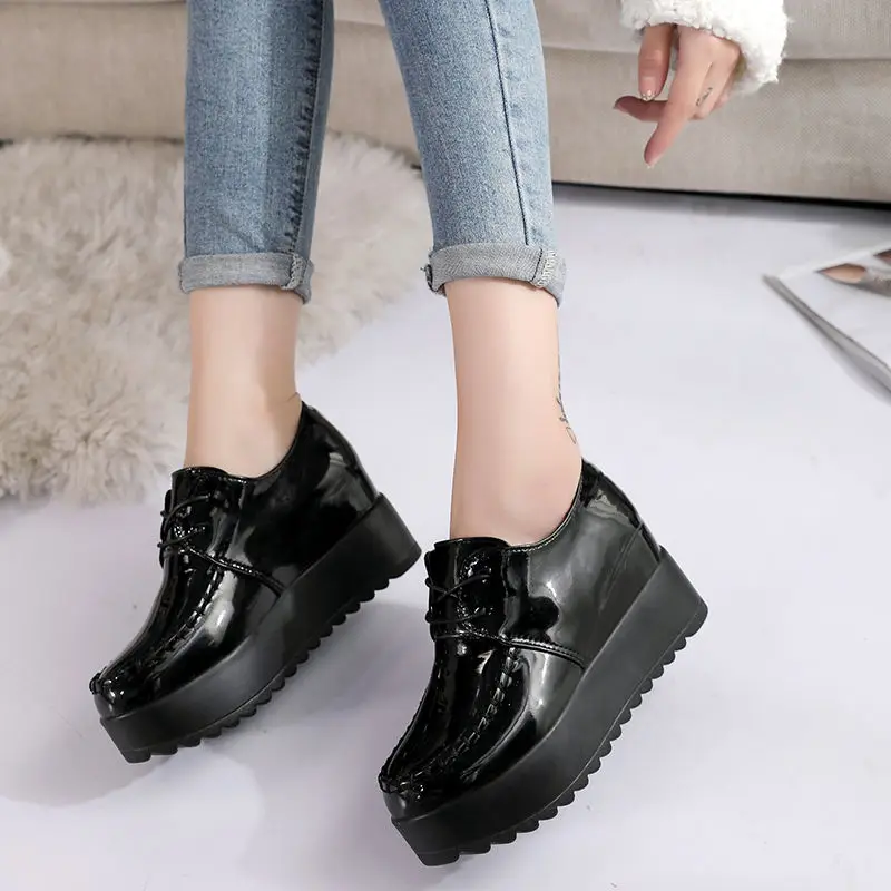 

New Women Flat Shoes Thick Bottom Sneakers Lace Up Low Heel Patent Leather Shoes Non-slip Ladies Height Increase Casual Shoes