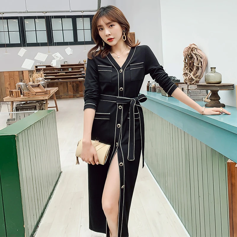 YIGELILA высококачественное черное платье с v-образным вырезом однобортное длинными