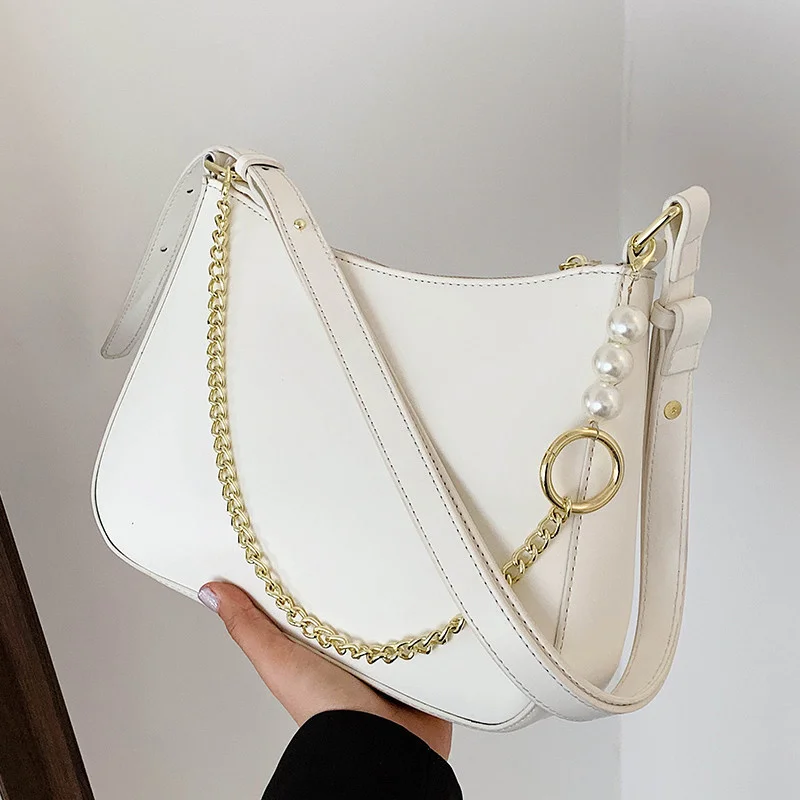 

Women Underarm Shoulder Bags PU Leather ladies handbag 2021 Summer Luxury Female Solid Color Chain Crossbody bags Baguette white