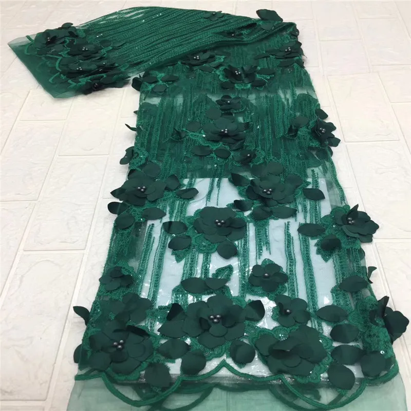 

African beads 3d flower Lace Fabric 2021 green High Quality Lace French Tulle Lace Fabric Nigerian Lace Fabrics For Dress