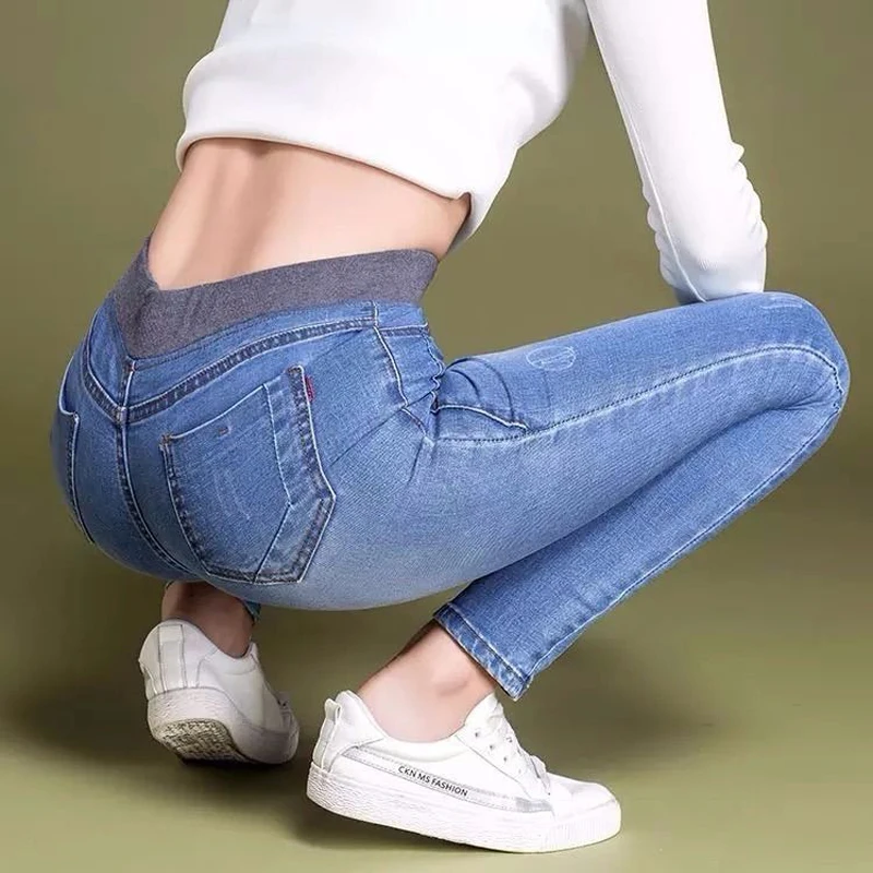 Женские обтягивающие джинсы с высокой талией MAZEROUT черные эластичной резинкой на