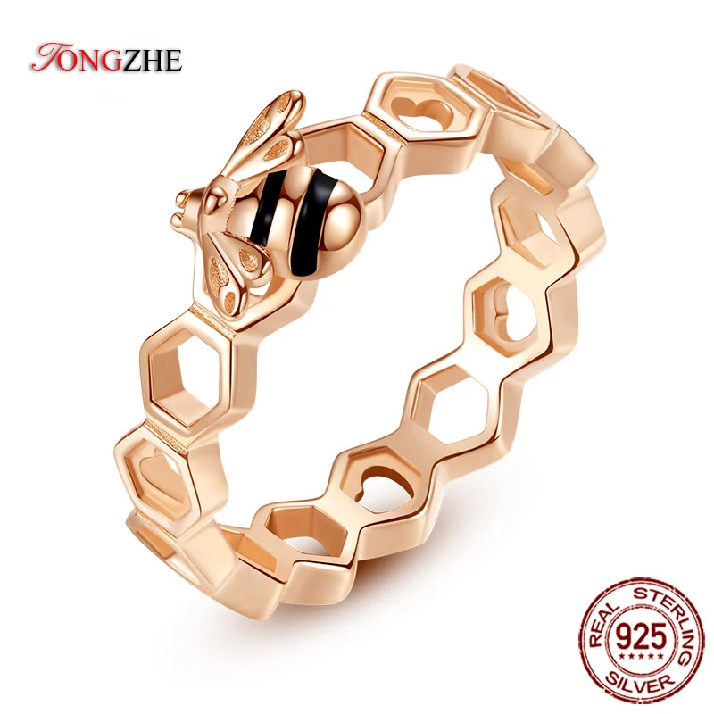 TONGZHE Honeybee Heart 925 пробы серебряные кольца Love многоцветные розовые золотые пчелы в