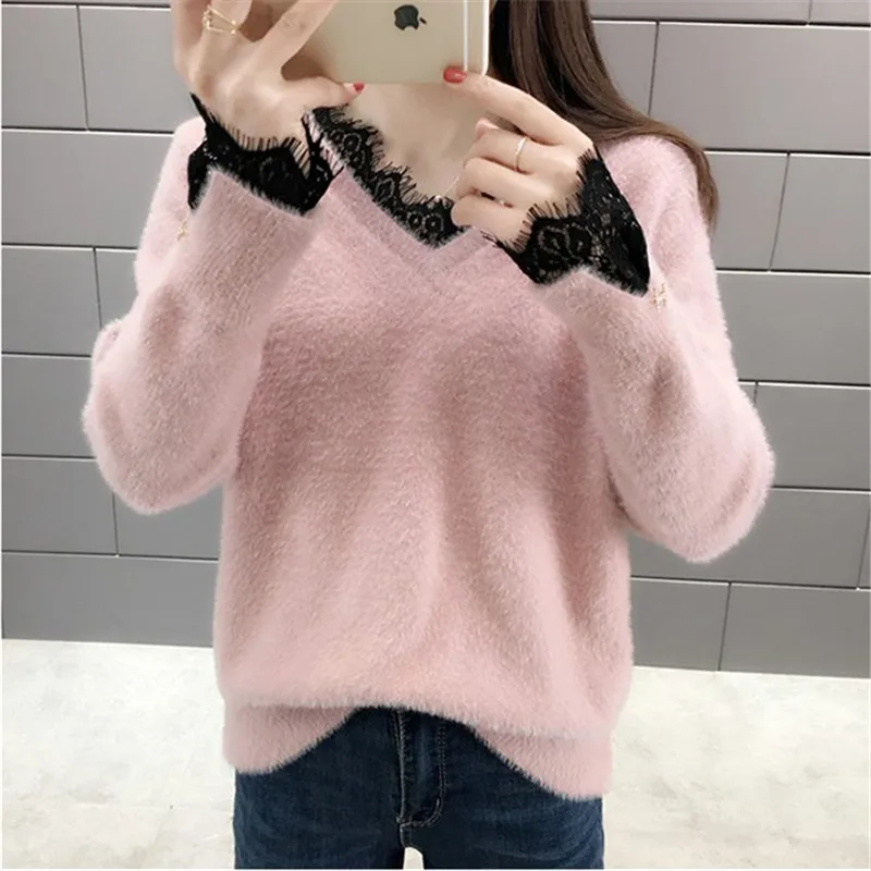 

Autumn Winter Mink Fleece Sweater Pullover Women 4 Color Loose Jumper Ladies Lace Splicing Collar Long Sleeve Knit Tops Female