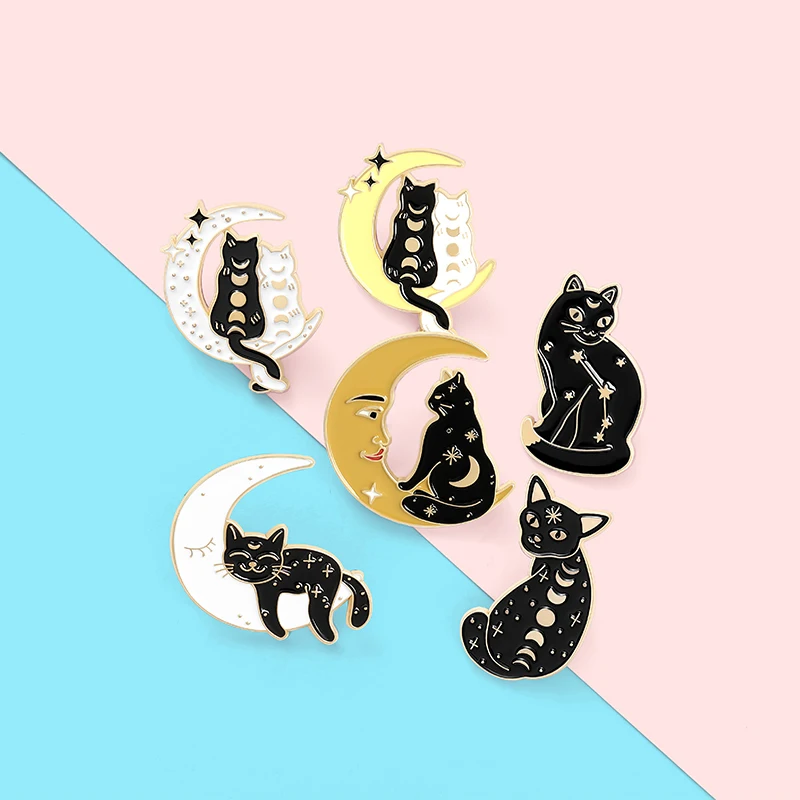 

Horoscope Tattoo Witchcraft Cat Enamel Pin Moon Lunar Eclipse Badges Cartoon Black Pins Gifts for Friends Jewelry Wholesale