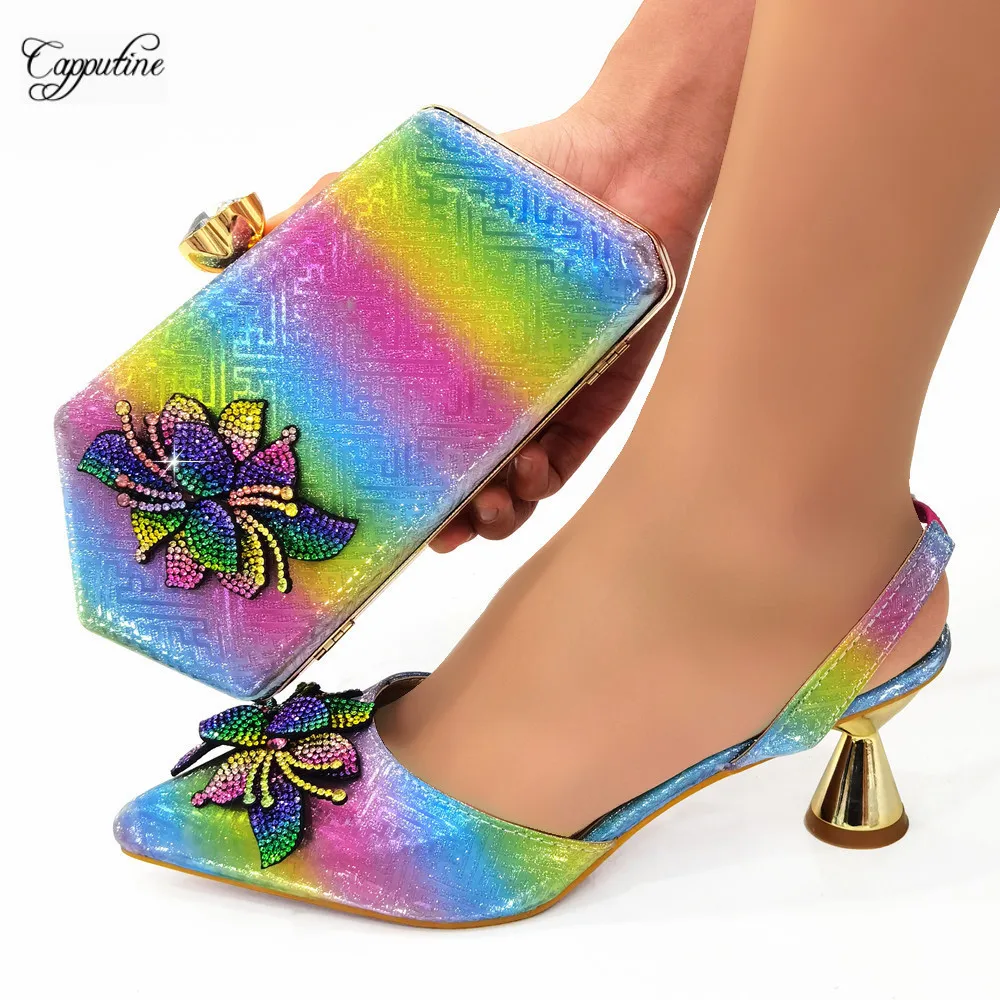 

Набор женских туфель и сумок радужного цвета, модные вечерние туфли-лодочки на высоком каблуке в африканском стиле, сандалии-клатчи, CR776 6 см