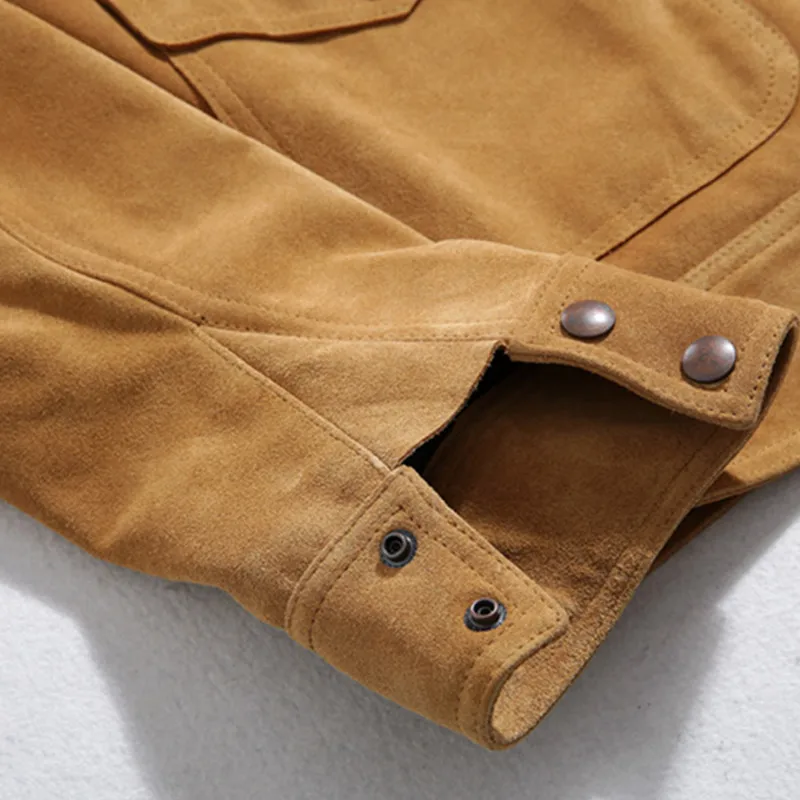 

2021 Yellow Casual Style Genuine Leather Jacket Men Single Breasted Plus Size 4XL Real Natural Cow Suede Slim Fit Spring Coat