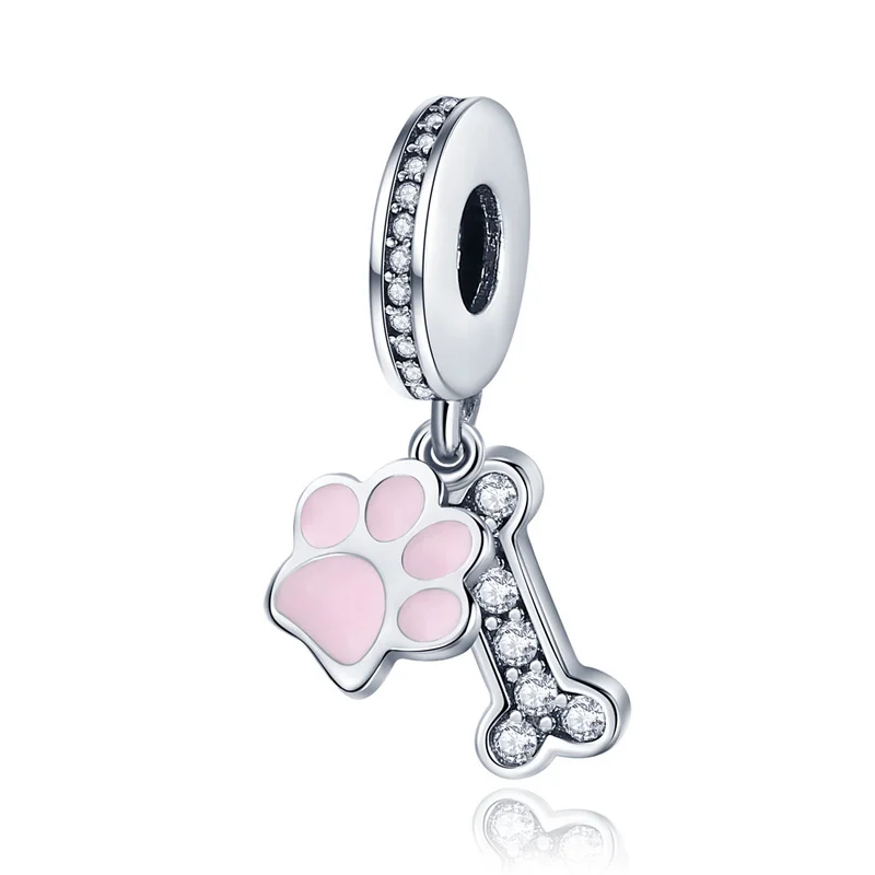 

100% 925 Sterling Silver Pet Print Hanging Bone Charm Suitable For Original Pandora Bracelet Ladies Fashion Jewelry Gifts