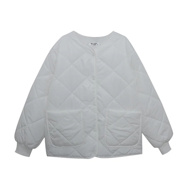 

Argyle Women Short Style Parkas O-neck Thicker Winter Warm Solid Design Button Pockets Long Sleeve All-match Outwear Fashion Ins