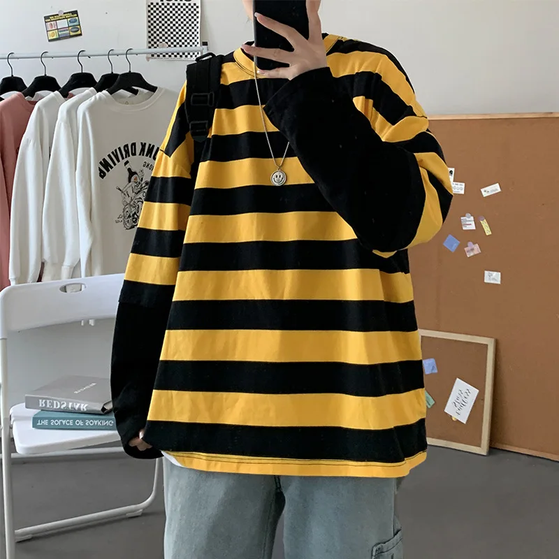 

2021 Fake Two-Piece Striped Long-Sleeved T-shirt Men's Spring and Autumn Junior High School Students plus-Sized Shirt Fashion