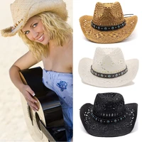 fashion straw western cowboy hat handmade beach sun hat for man woman wide curling brim cap sun protection party outdoor hats