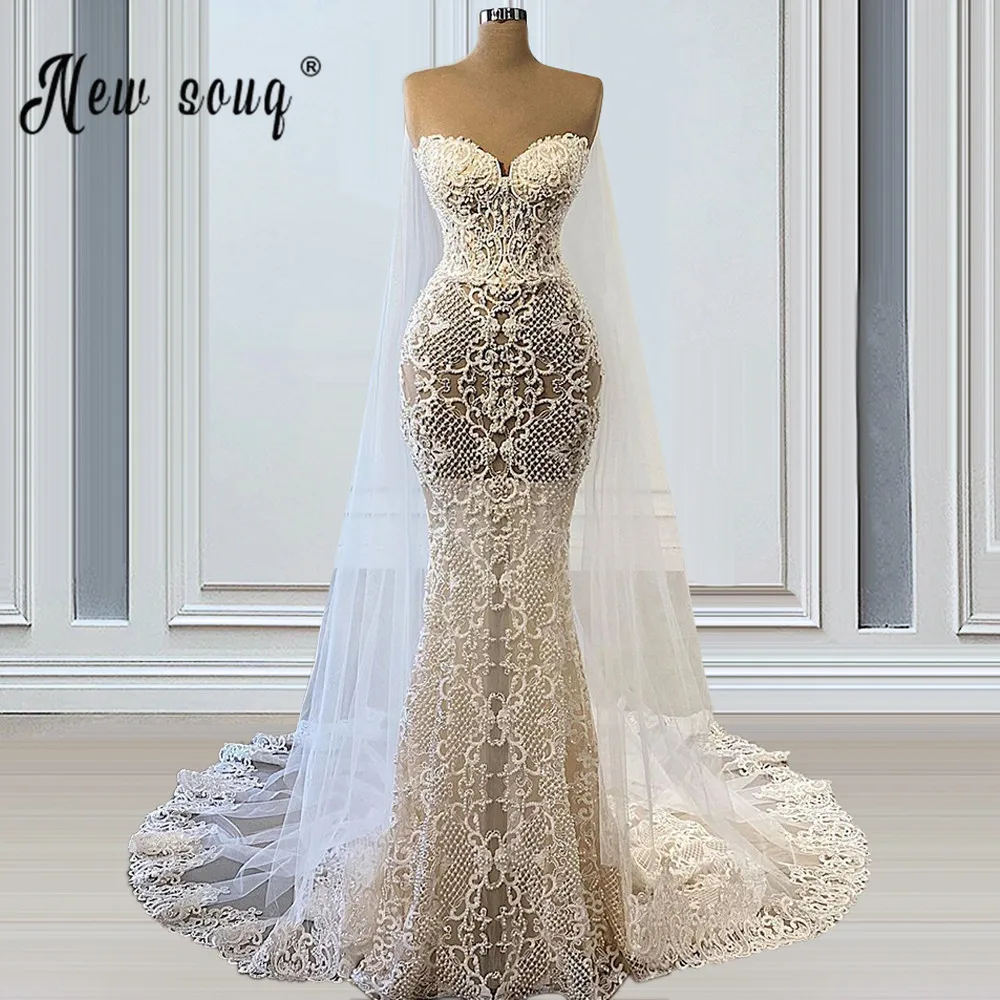 

Dubai Mermaid Sweetheart Wedding Dress with Long Cape Women Sparkly Crystals Diamonds Bridal Gown Lace Tailing vestido de noiva