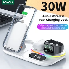 Bonola 4 in 1 Fast Wireless Charger Clock Pad for iPhone 13 12 11 Pro Wireless Charging Stand for Apple Watch 7 6 SE/AirPods Pro