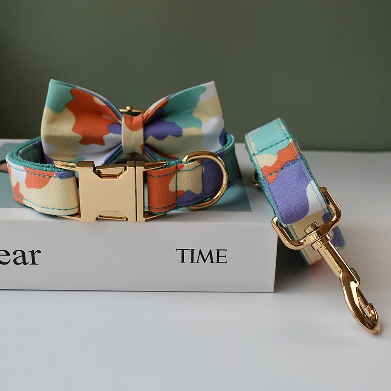 

Personalized Dog Collar Leash For Medium Big Dogs Pet Necklace With Bow Tie Adjustable Metal Buckles Camouflage 02