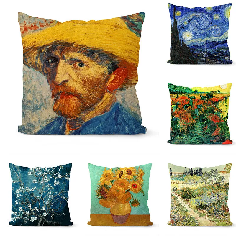 

1 Pcs Van Gogh Oil Self-portrait Starry Sky Print Pillowcase Painting Cushion Cover Sofa Home Decorative Pillow Covers Sunflower