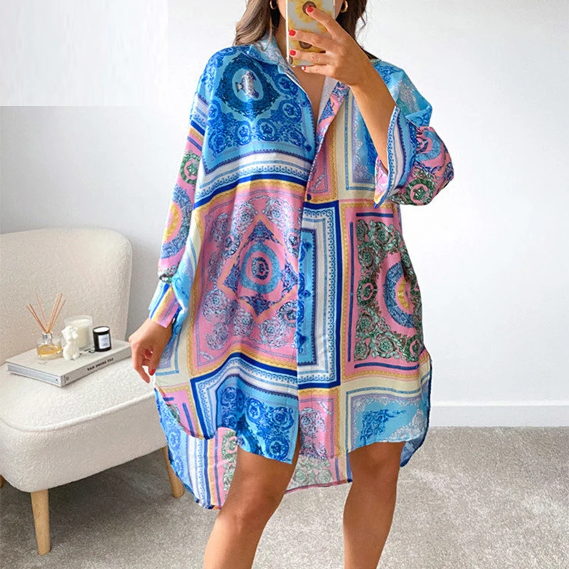 

2021 New Long Sleeve Fashion Shirt Button Dress Women's V-neck Pattern Print Sexy Party Dress Spring Lapel Loose Beach Dress