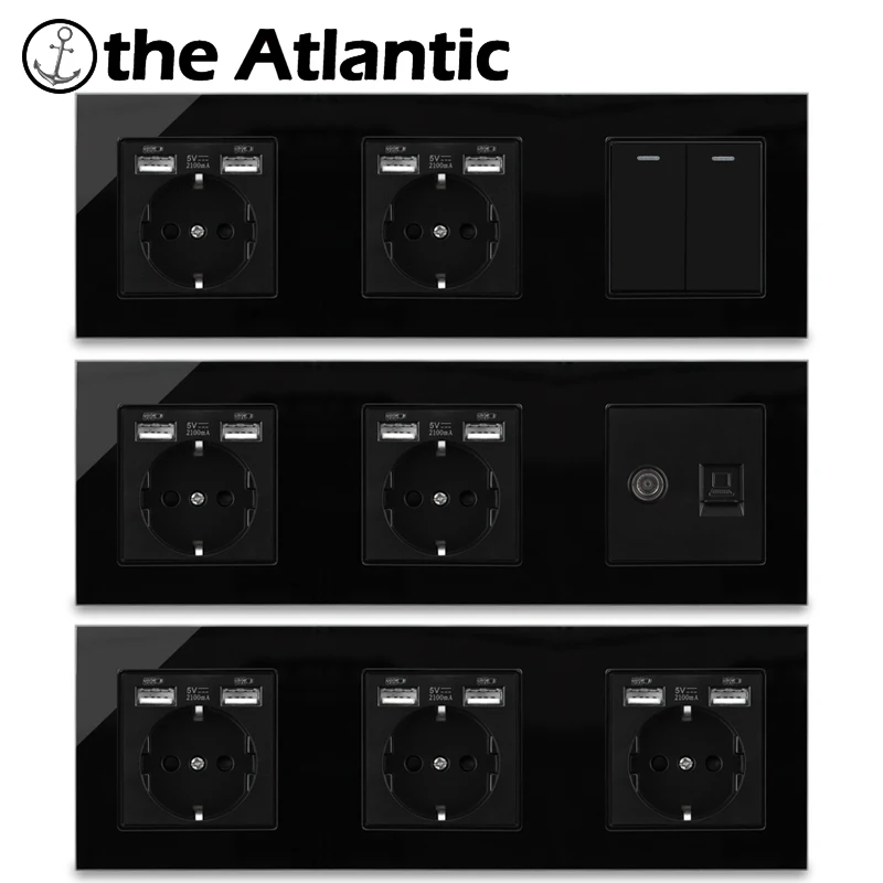 

Евророзетка с USB-разъемом и выключателем света, RJ11, RJ45, Cat5e, для спутникового ТВ, черная стеклянная настенная розетка, тип 258