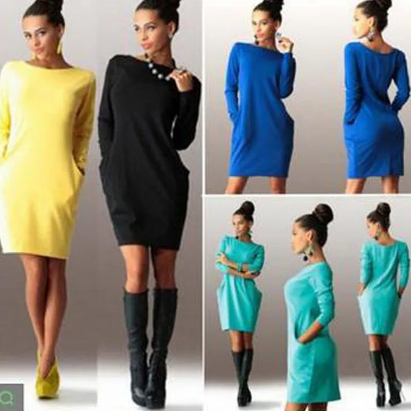 

Women Vestidos Party Dress Pocket Plus Size O-Neck Solid Color Temperament Slim Bag Hip Long Sleeve Loose Dress Feme