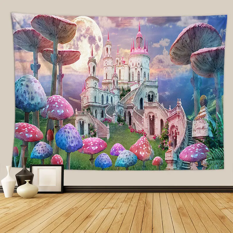 

psychedelic castle tapestry wall fabric blanket mushroom trippy tapestry livingroom background