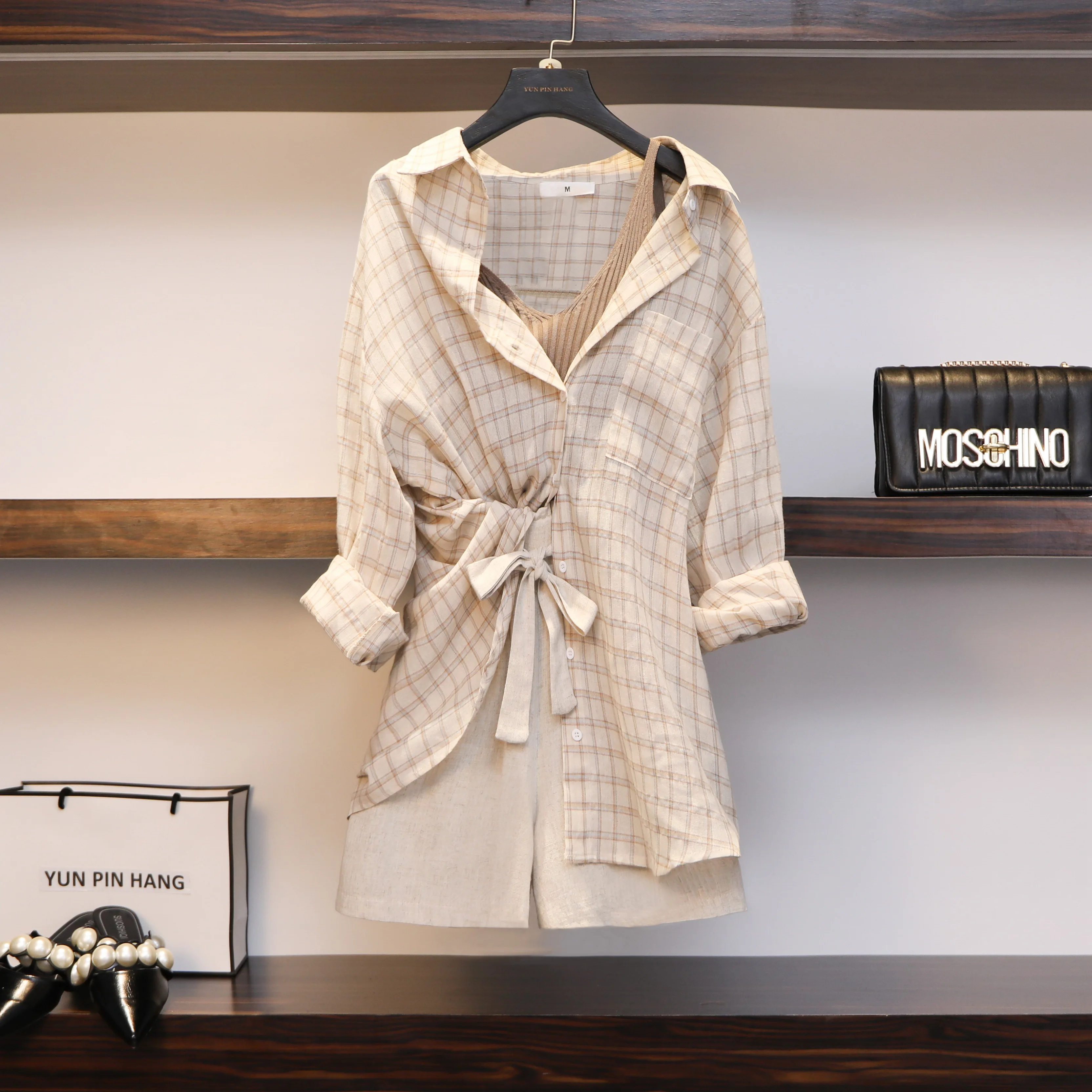 

Summer Spring Women' Suit 3 Piece Set Plaid Blouses Tank Tops Elastic Waist Belt Outfit 2020 Wide Leg Long Sleeve Woman Suits