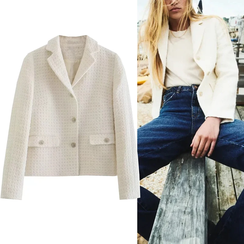 

TRAF Za Women Blazer Beige Long Sleeve Jacket Textured Cropped Blazer Chic Woman Jacket Casual Fall 2021 Fashion Short Suits