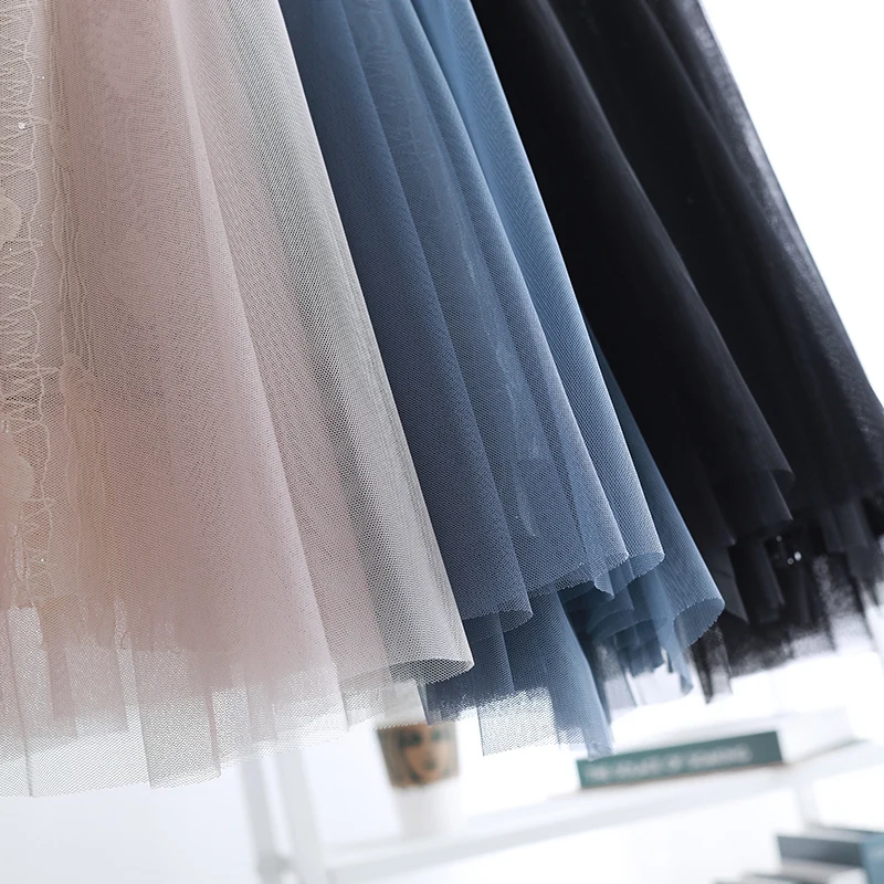 

Korean Style Women Fashion Mesh Lace Voile Skirt 2021 SPring Summer Chic Pink Mid-length Pleated Skirt