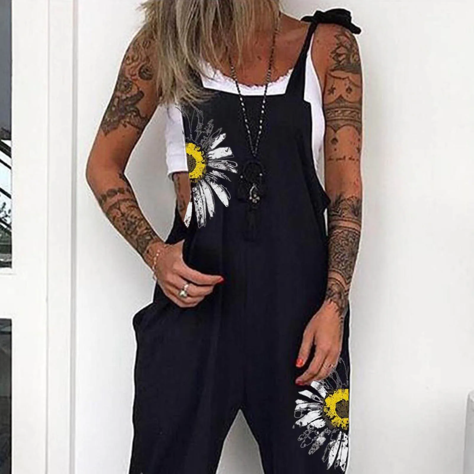 

Rompers Women Jumpsuit Women's Print Punk Jumpsuit Casual Loose Sunflower Printed Overalls Jumpsuit Bodysuit Комбинезон