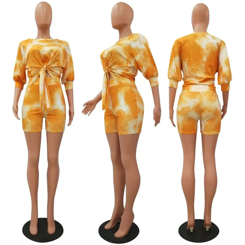 

Tie Dye Print Two Piece Set Summer Clother For Women One Shoulder Half Sleeve Crop Top+High Waist Biker Short Sweat Suit Outfits