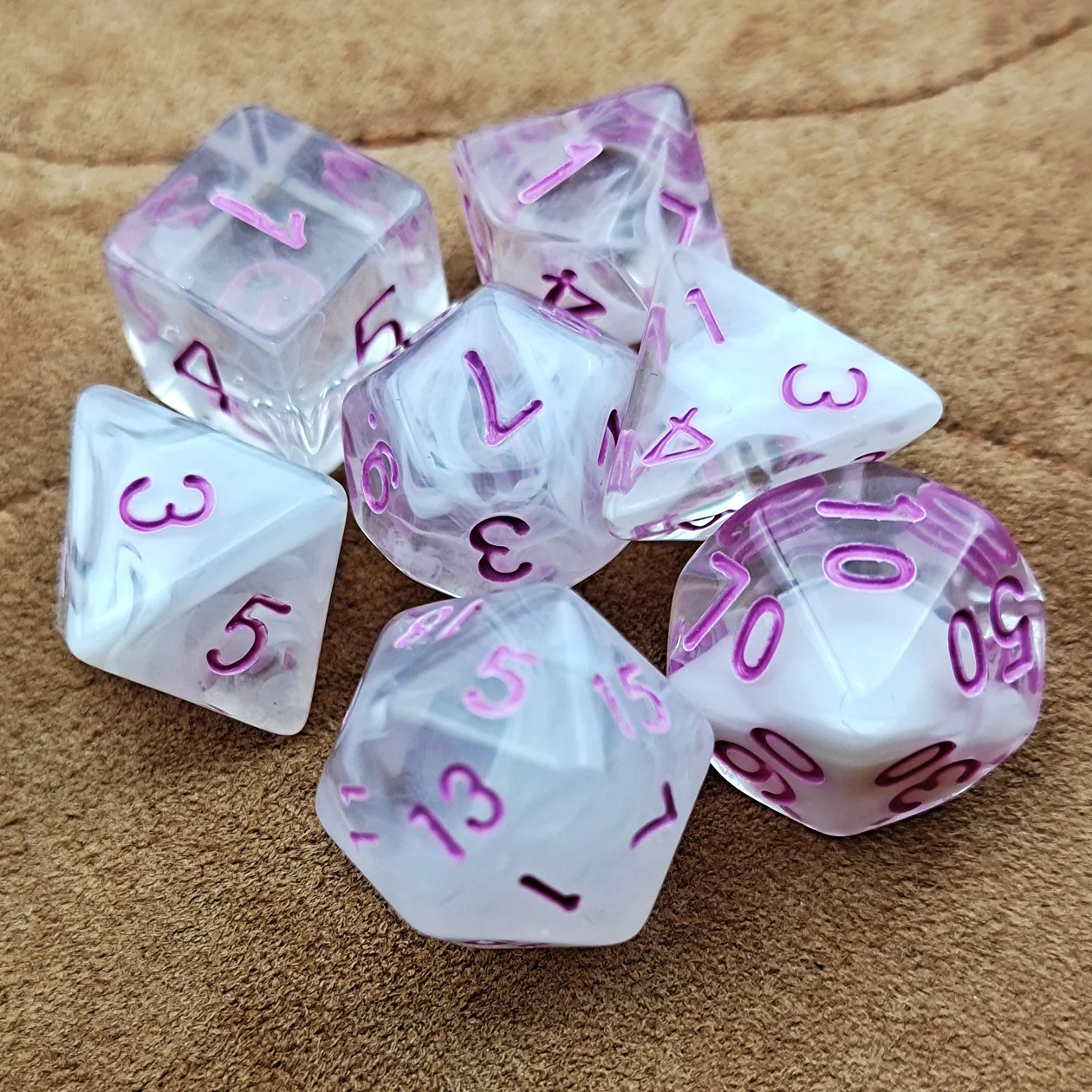 

7PC Nebula RPG Dice Set Translucent with White swirl & Purple Ink D4 D6 D8 D10 D% D12 & D20 for DND D&D Roleplaying Games