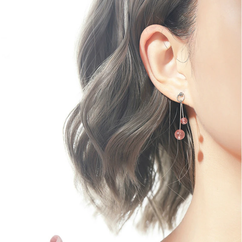 Серебряные розовые круглые серьги гвоздики с бусинами 925 Клубничные кварцевые