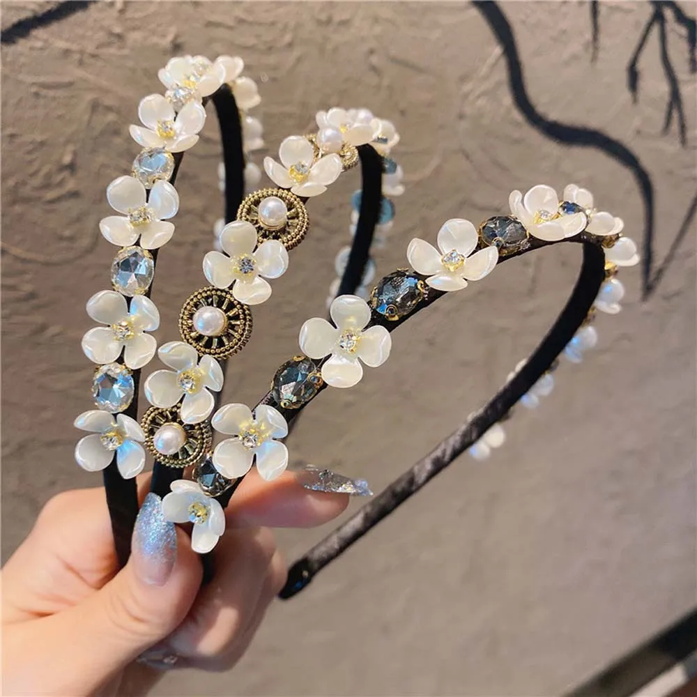 

Женские Элегантные жемчужные головная повязка с цветами на голову с украшением в виде кристаллов Стразы класса люкс ободки для волос модны...