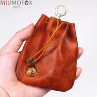 handmade original leather coin purse for men women waist hang money pocket bag card holder drawstring wrinkle wallet with hook