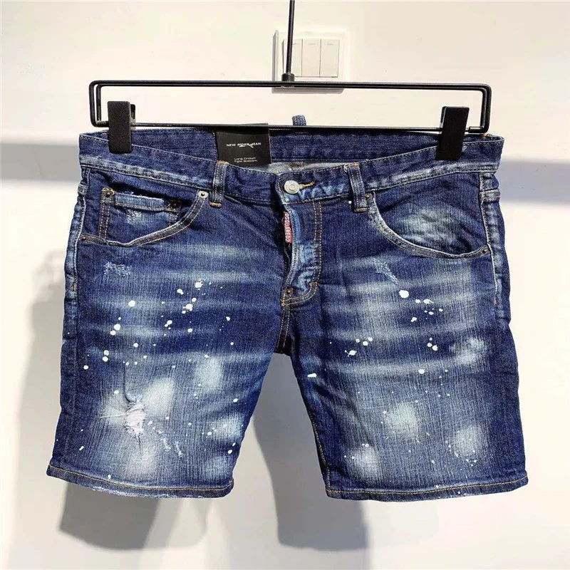 

2021 Italy DSQ summer new handmade jeans men's personality shorts Dsquared2 high-end hand-painted paint ripped jeans D2