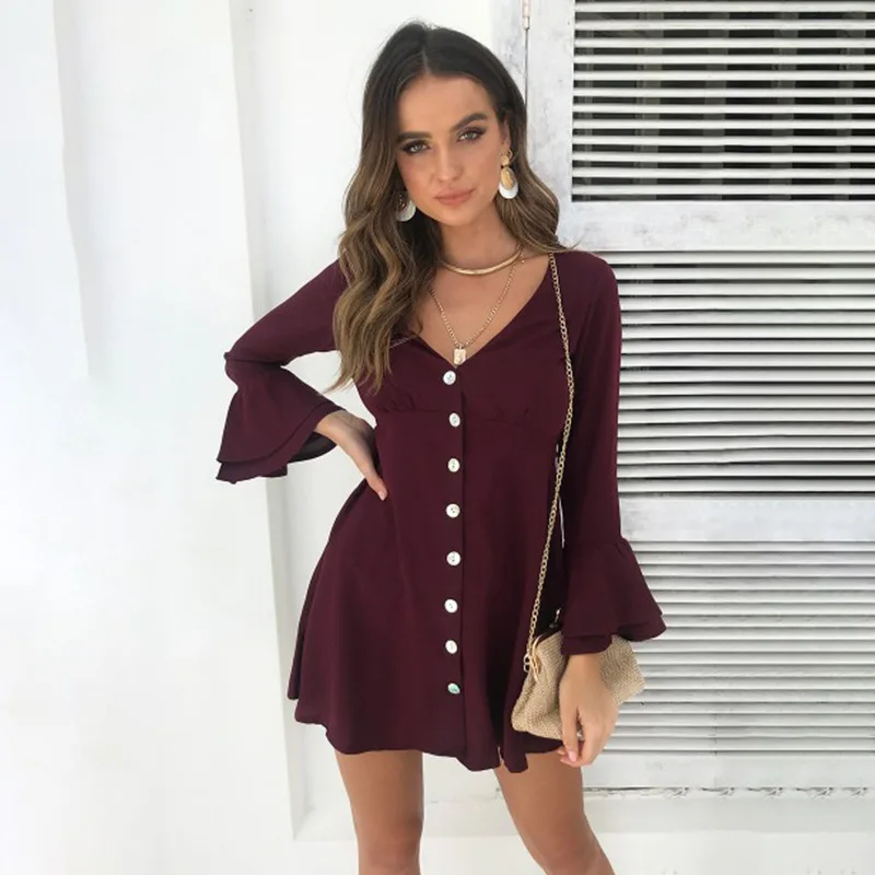 Cute sweet beauty dress hot fashion long sleeve V-neck retro style girl casual loose mini button shirt | Женская одежда
