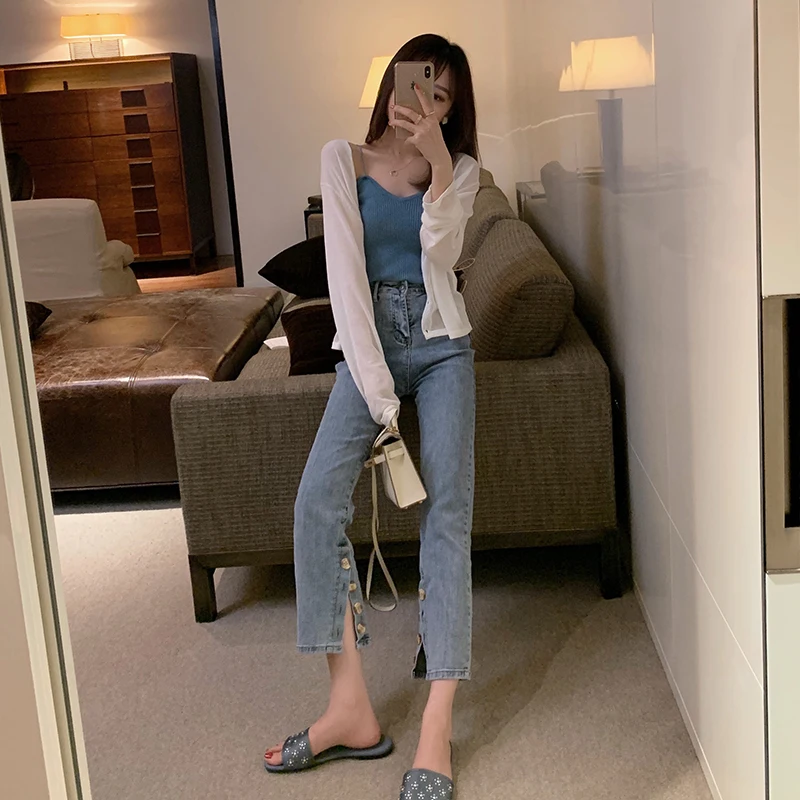 

elastic bootleg high waist jeans in spring and summer women straight canister loose little nine points pants