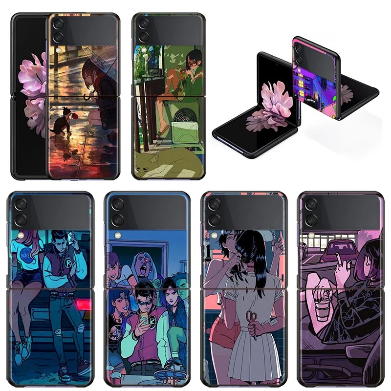 

Shockproof Mobile Hard Cover Anime Neon Color Art Girl For Samsung Galaxy Z Flip 3 5G Black Fundas Phone Case